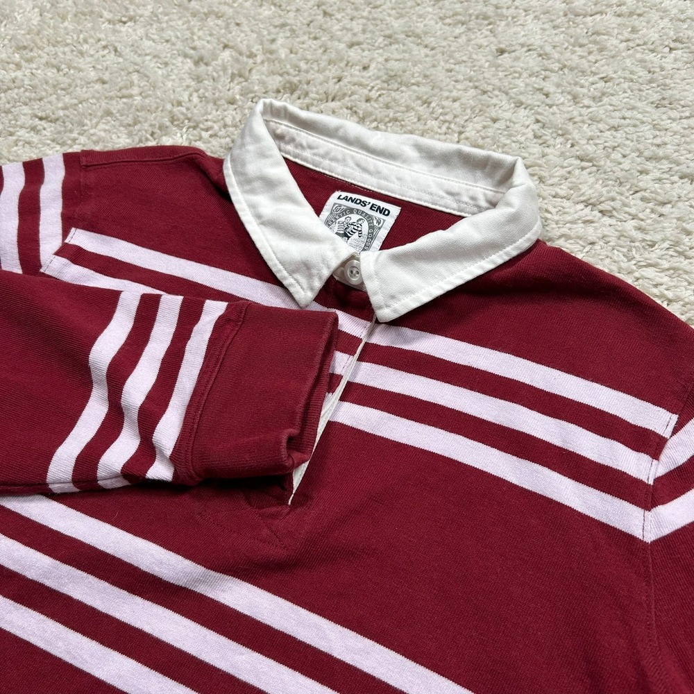 Vintage Lands End Rugby Shirt XL Burgundy Striped Long Sleeve Cotton Polo